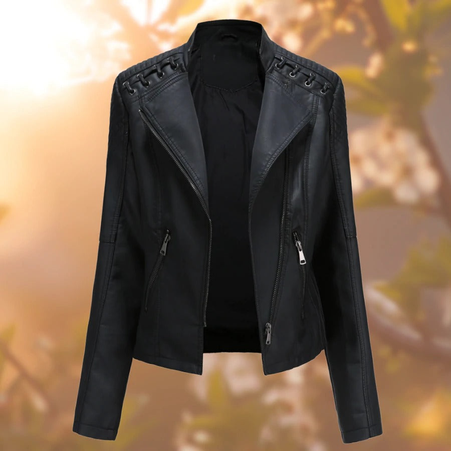 Women's leather biker jacket with quilted shoulder