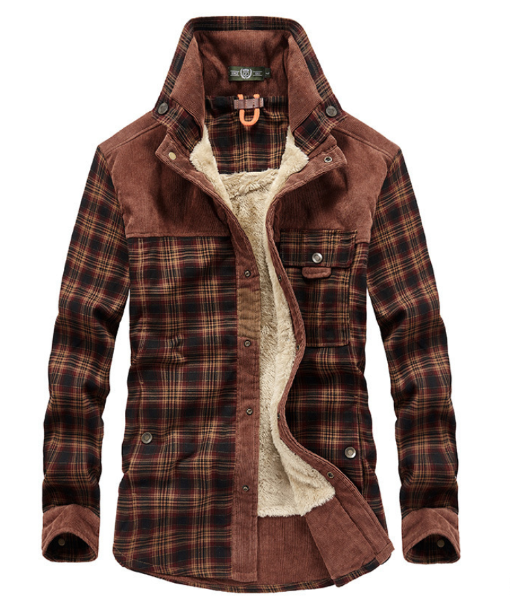 Stylish thickened long-sleeved plaid jacket for men