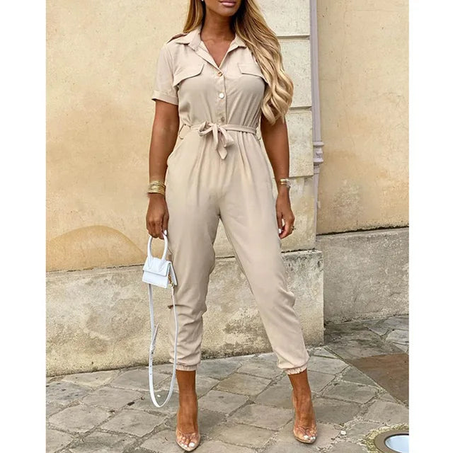 Women's Monochromatic Belted Workwear Jumpsuit - Casual Flip Collar
