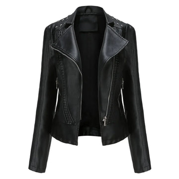 Women's Leather Jacket - Slim Fit - Rivet Detailing - Retro Turndown Collar - Soft Faux Leather