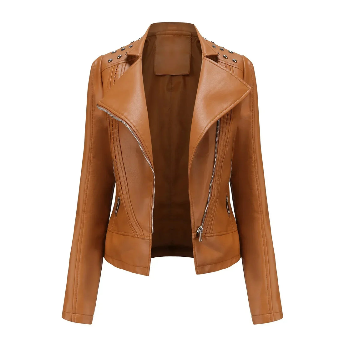 Women's Leather Jacket - Slim Fit - Rivet Detailing - Retro Turndown Collar - Soft Faux Leather