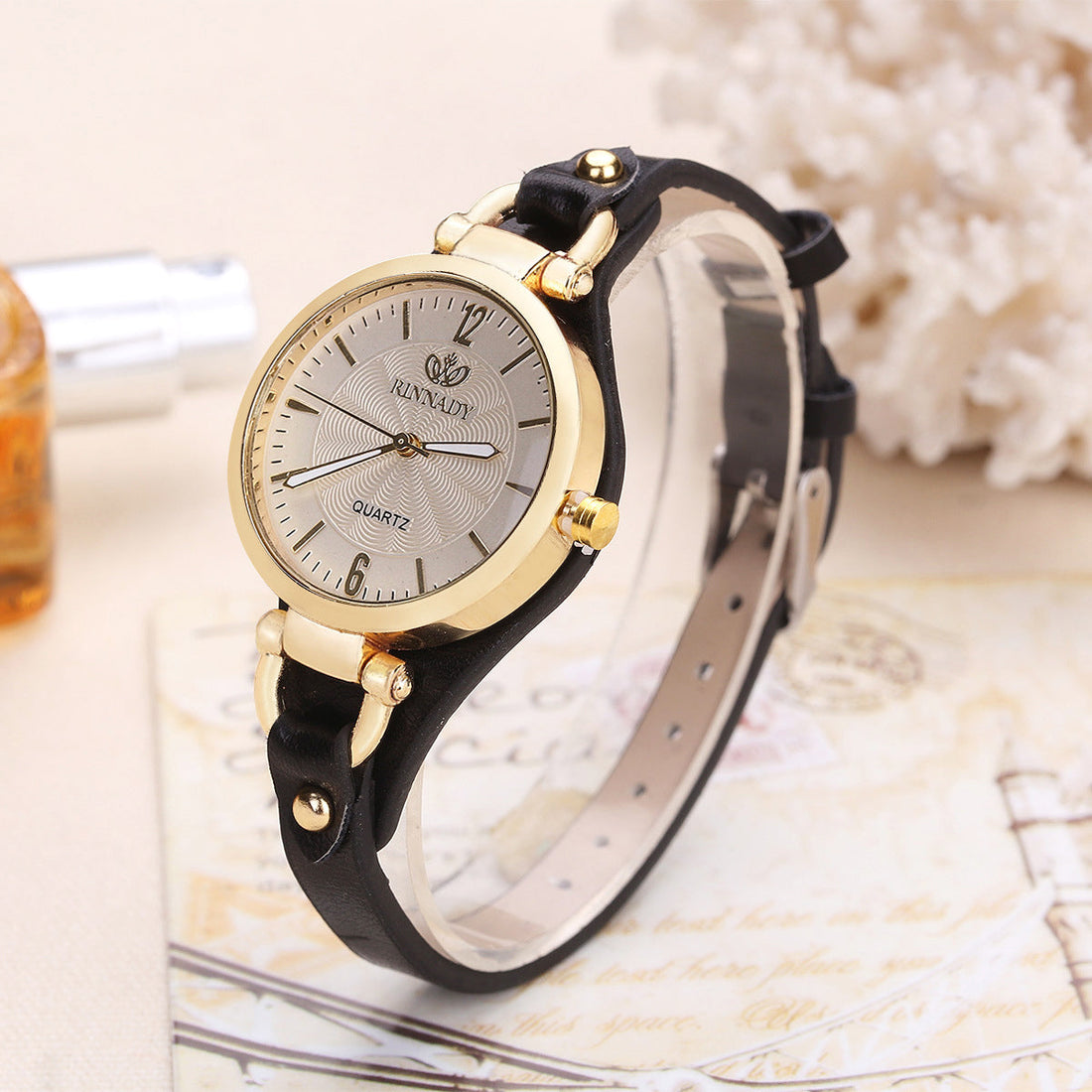 Isla Faux Leather Standard Fit Wristwatch | Gold-Tone Bezel Round Face Wristwatch