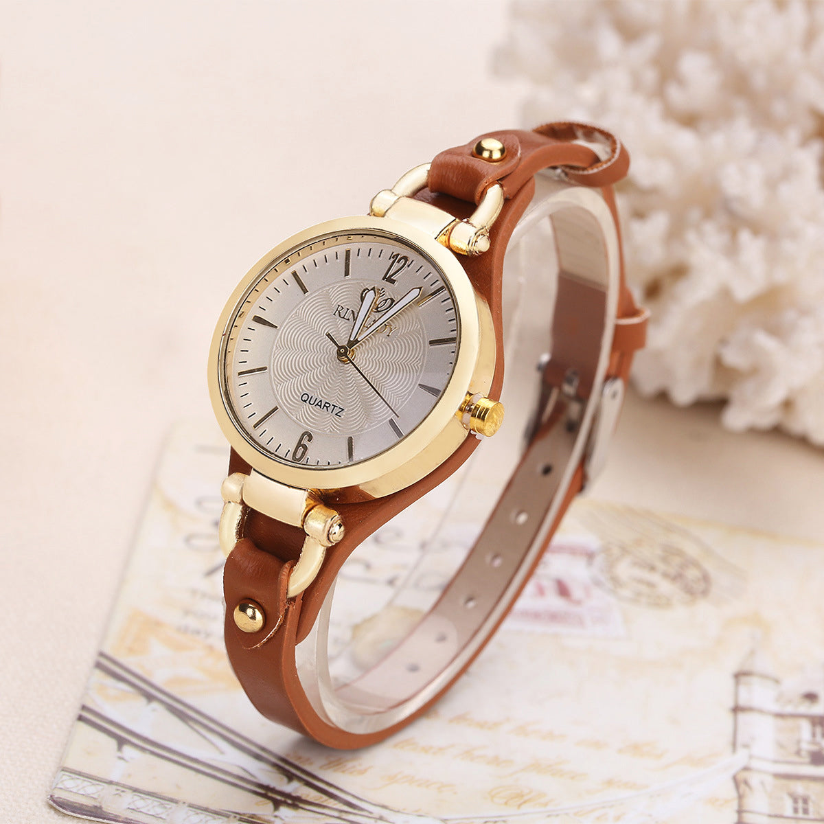 Isla Faux Leather Standard Fit Wristwatch | Gold-Tone Bezel Round Face Wristwatch