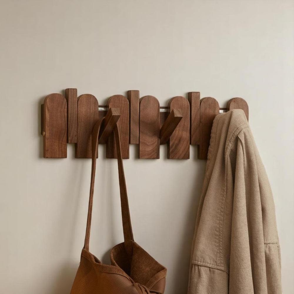 Walnut Wood Angled Hooks Wall Coat Rack