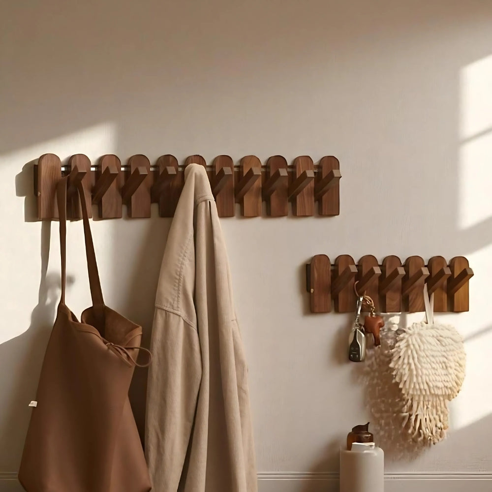 Walnut Wood Angled Hooks Wall Coat Rack