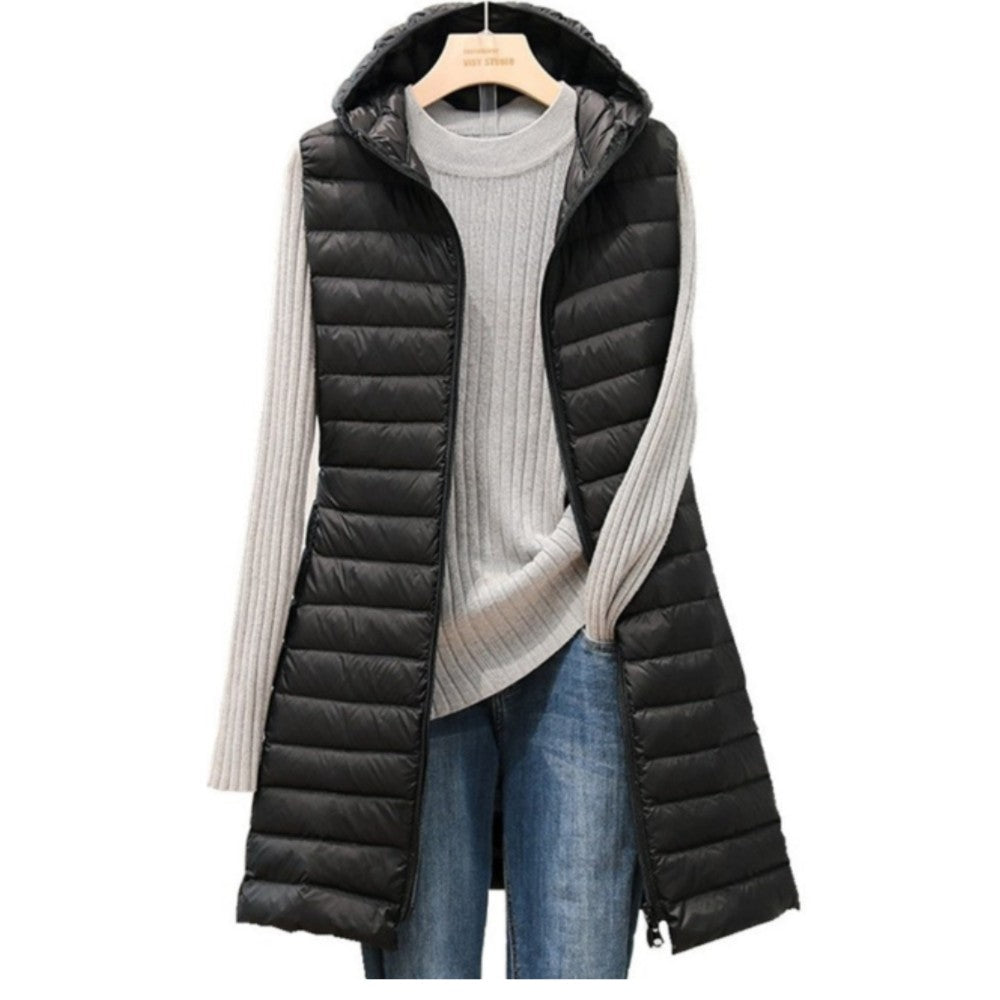 Women's autumn and winter mid-length hooded lightweight vest