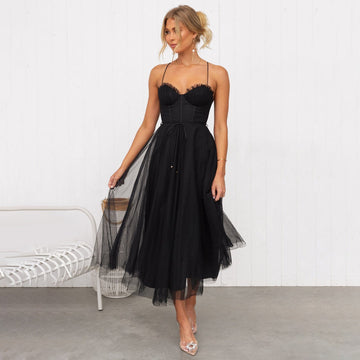 Women's Midi Dress - A-Line Silhouette - Bustier Bodice - Flowing Tulle Skirt