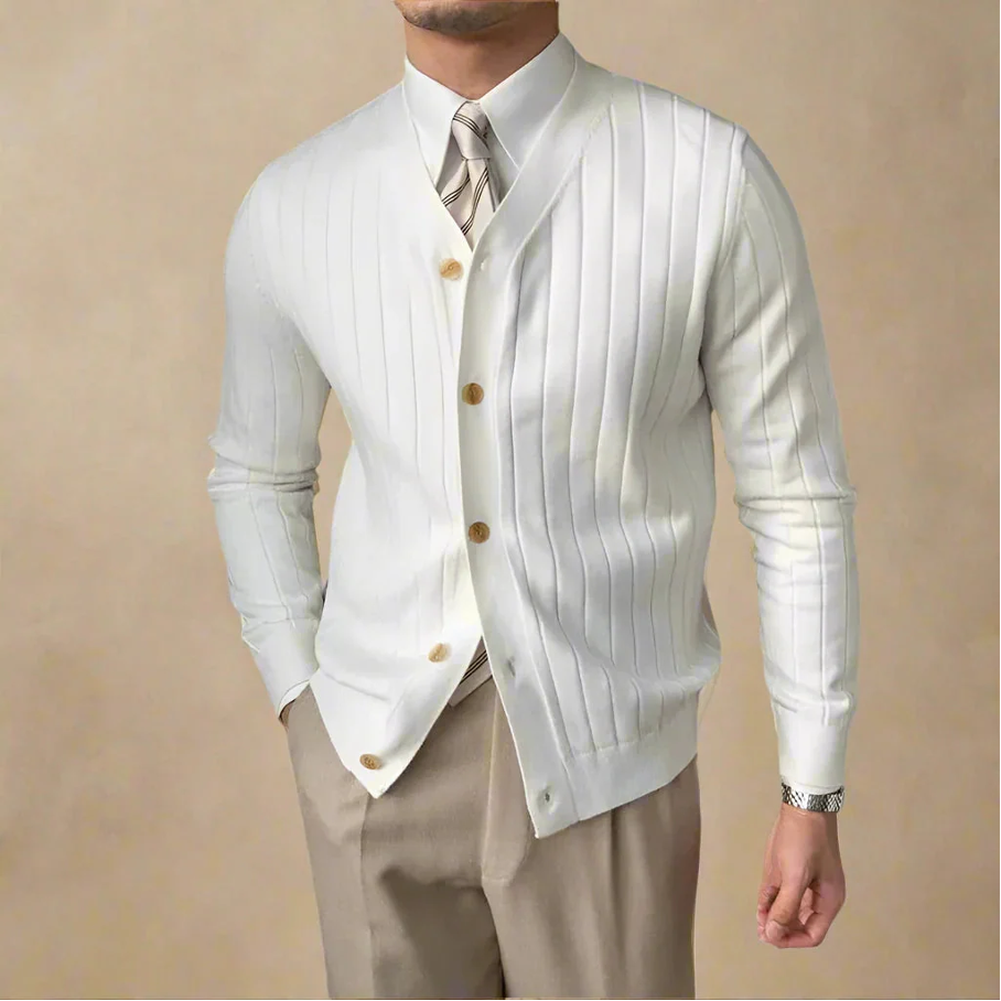 Men's button-up cardigan with gold-tone buttons