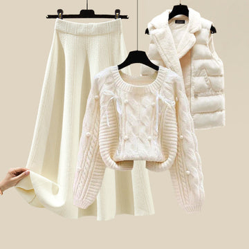 Women's 3-piece knitted set with sweater skirt and vest