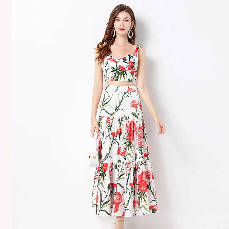 Women's Floral Print Sleeveless Crop Top and Maxi Skirt Set