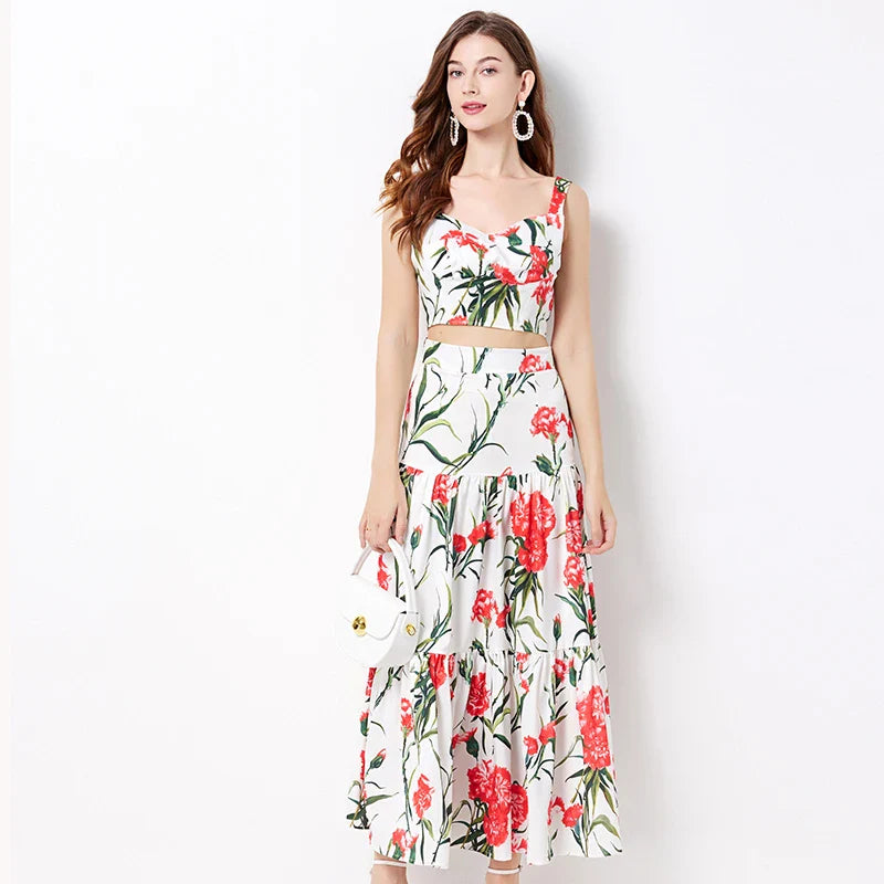 Women's Floral Print Sleeveless Crop Top and Maxi Skirt Set