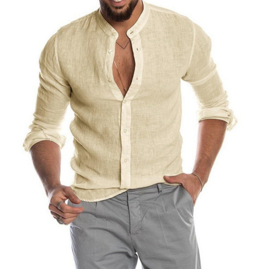 Men's button-down shirt with mandarin collar