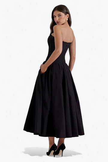 Women's Strapless Midi Evening Gown - A-Line Silhouette - Elegant Formal Wear