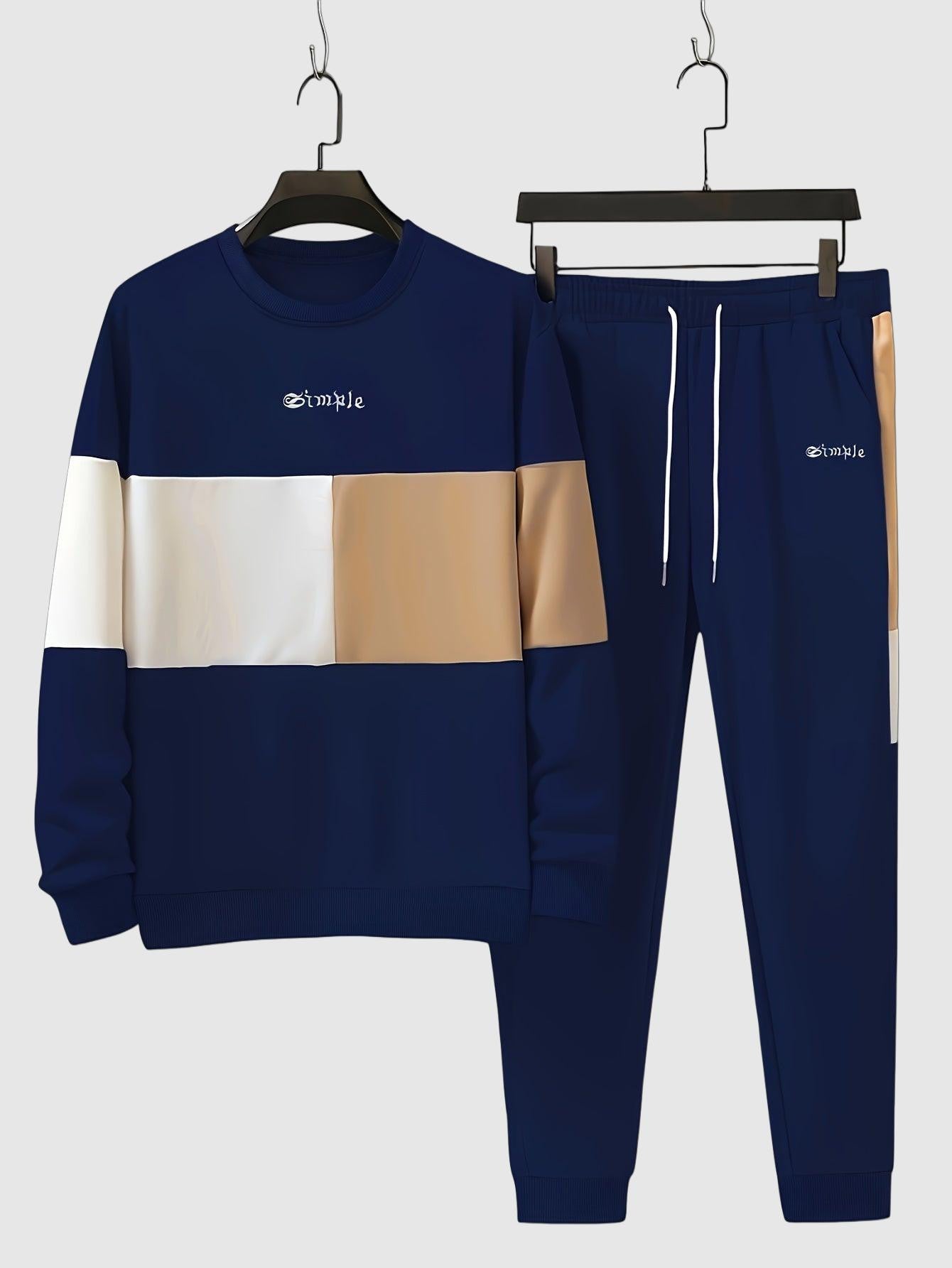 Color block men crew neck sweatshirt joggers