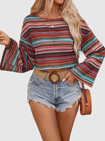 Women's Long Sleeve Striped Sweater with Sheer Panels