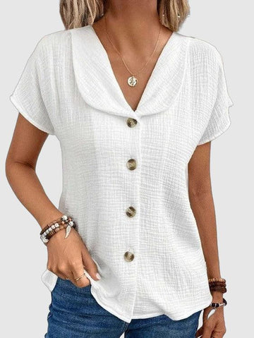 Women's Button-Down Blouse - Relaxed Fit - Short Sleeve - Textured Lightweight Fabric