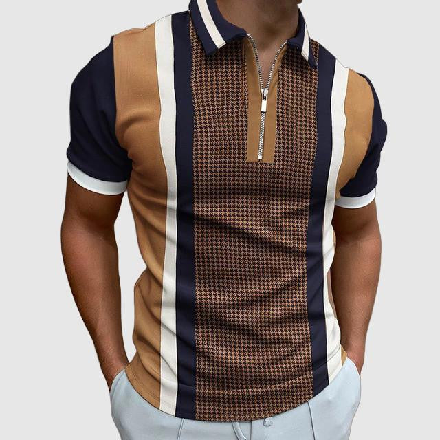 Chic Plaid Stripe Polo Shirt with Zipper Collar for Casual Comfort