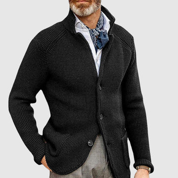 Men's button-up knitted blazer with stand collar