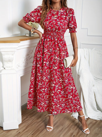 Women's Maxi Dress - Floral Print A-Line - Puff Sleeve Smocked Waist - Round Neck