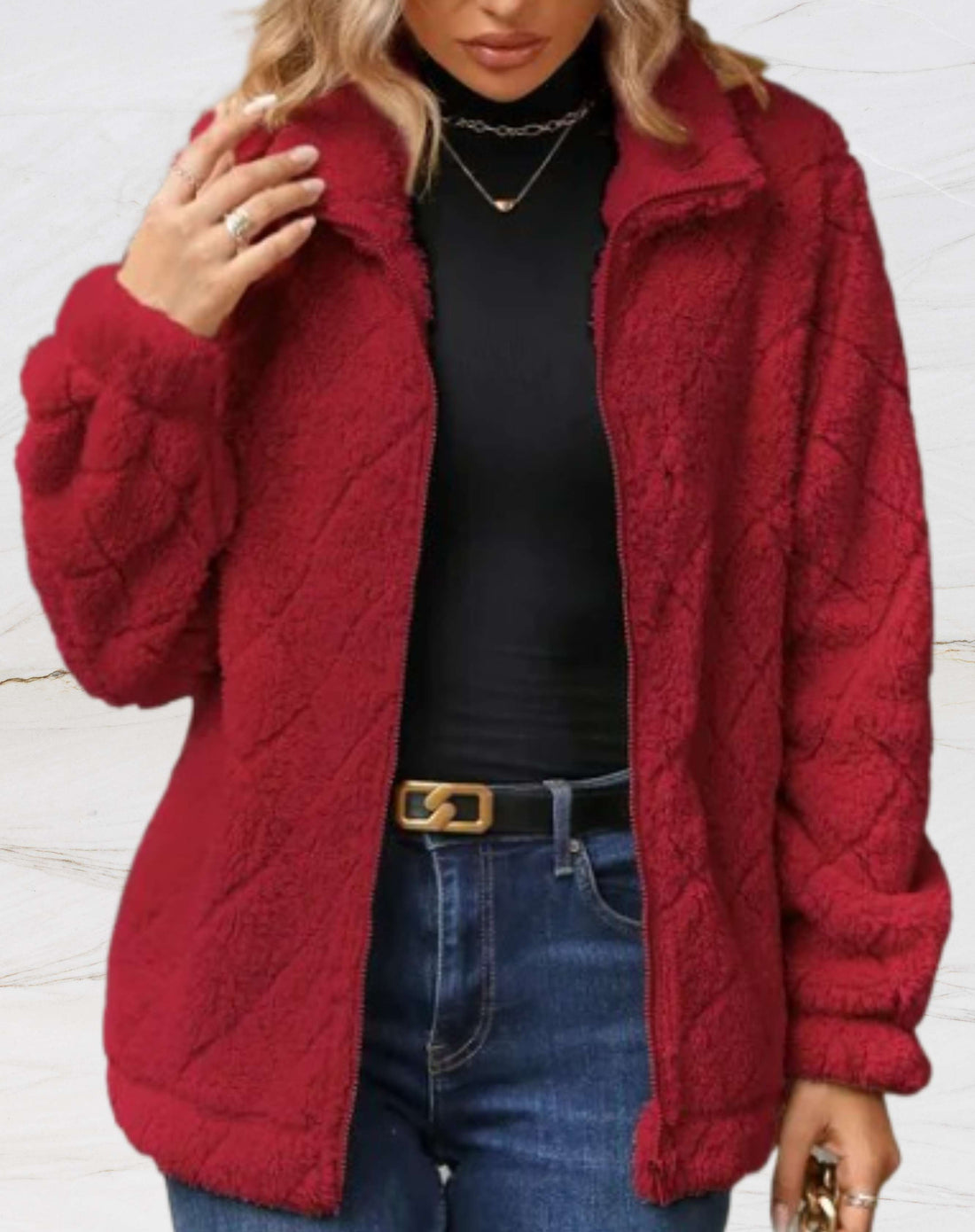 Stylish women's long-sleeve coat with diamond pattern