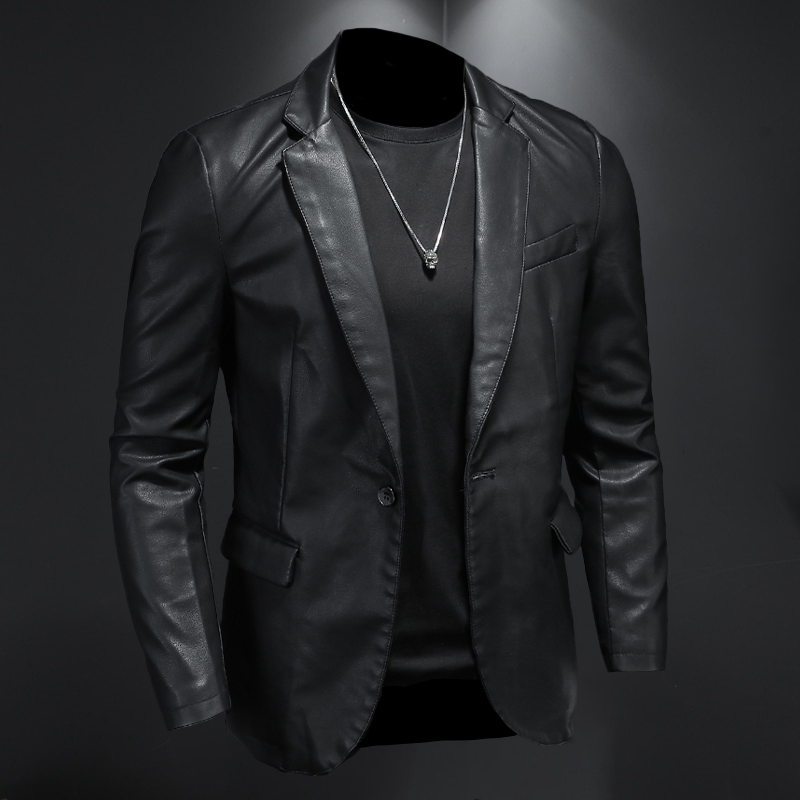 Men’s Blazer - Sleek Faux Leather - Single Button - Tailored Fit - Notch Lapel