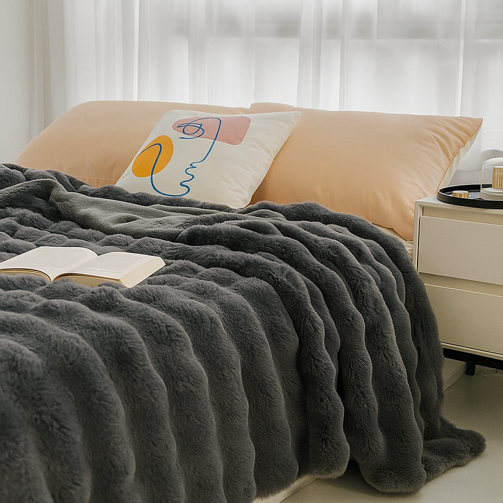 Faux Rabbit Fur Ribbed Throw Blanket