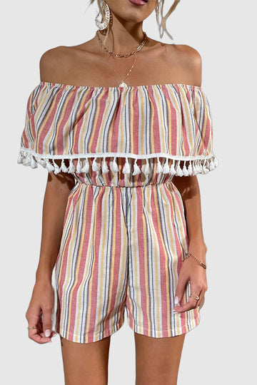 Esther - striped print off-shoulder tassel trim romper