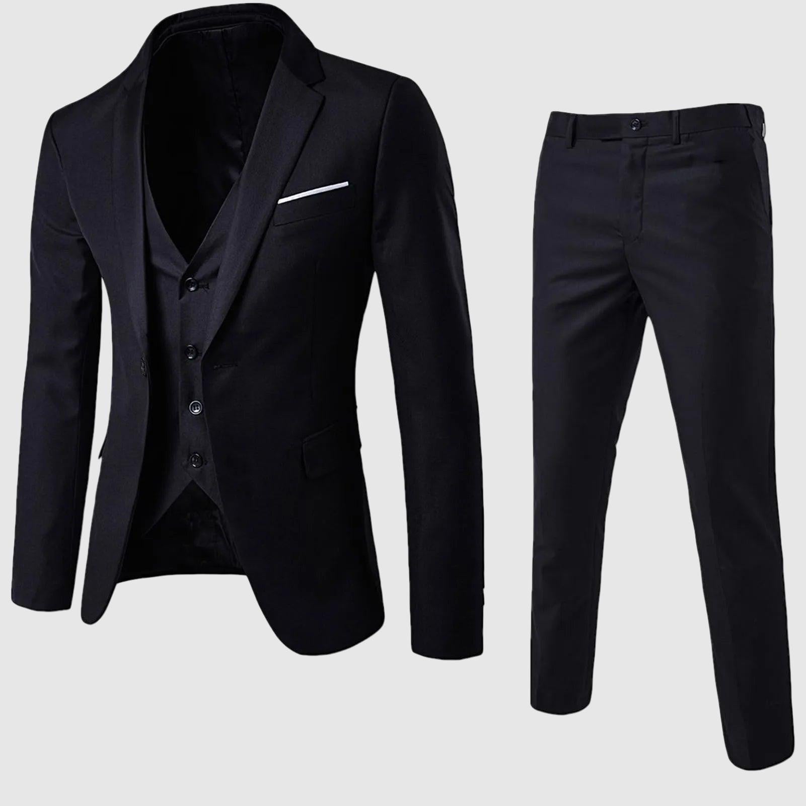 Three-piece men's slim-fit suit with vest and trousers