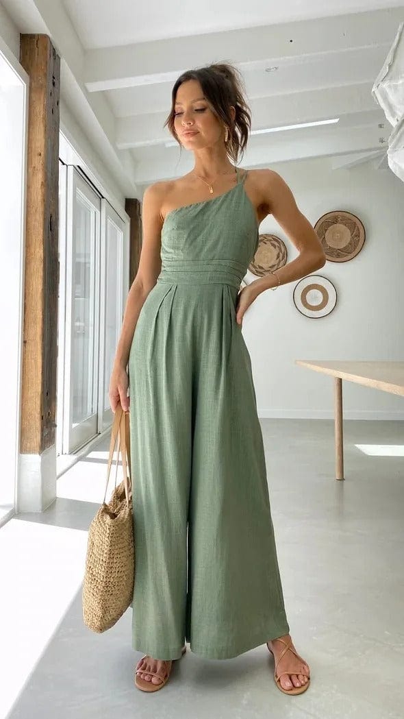 Women's One-Shoulder Jumpsuit - Wide Leg - Fitted Waist - Elegant & Breathable