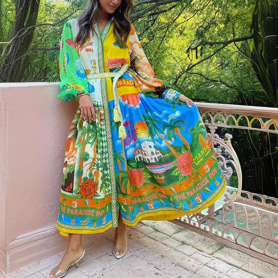 Women's colorful paradise print maxi dress