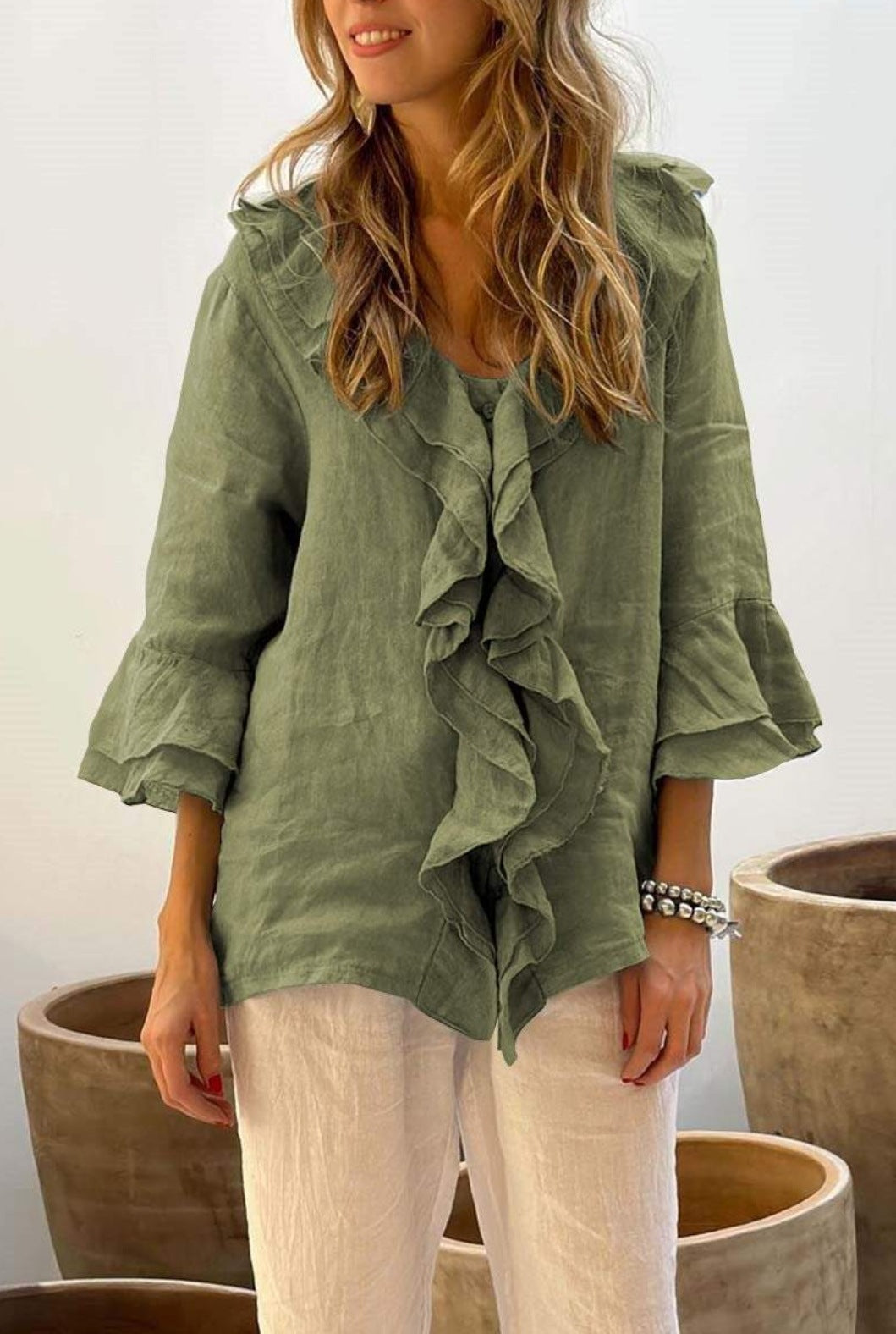 Women's Ruffled Blouse - 3/4 Sleeves - Casual and Chic
