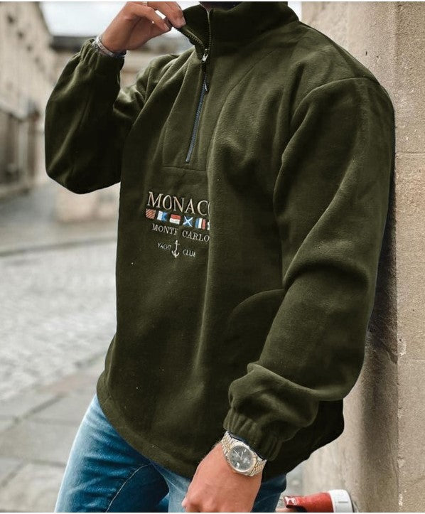 Men's embroidered sweatshirt with turtleneck zipper placket