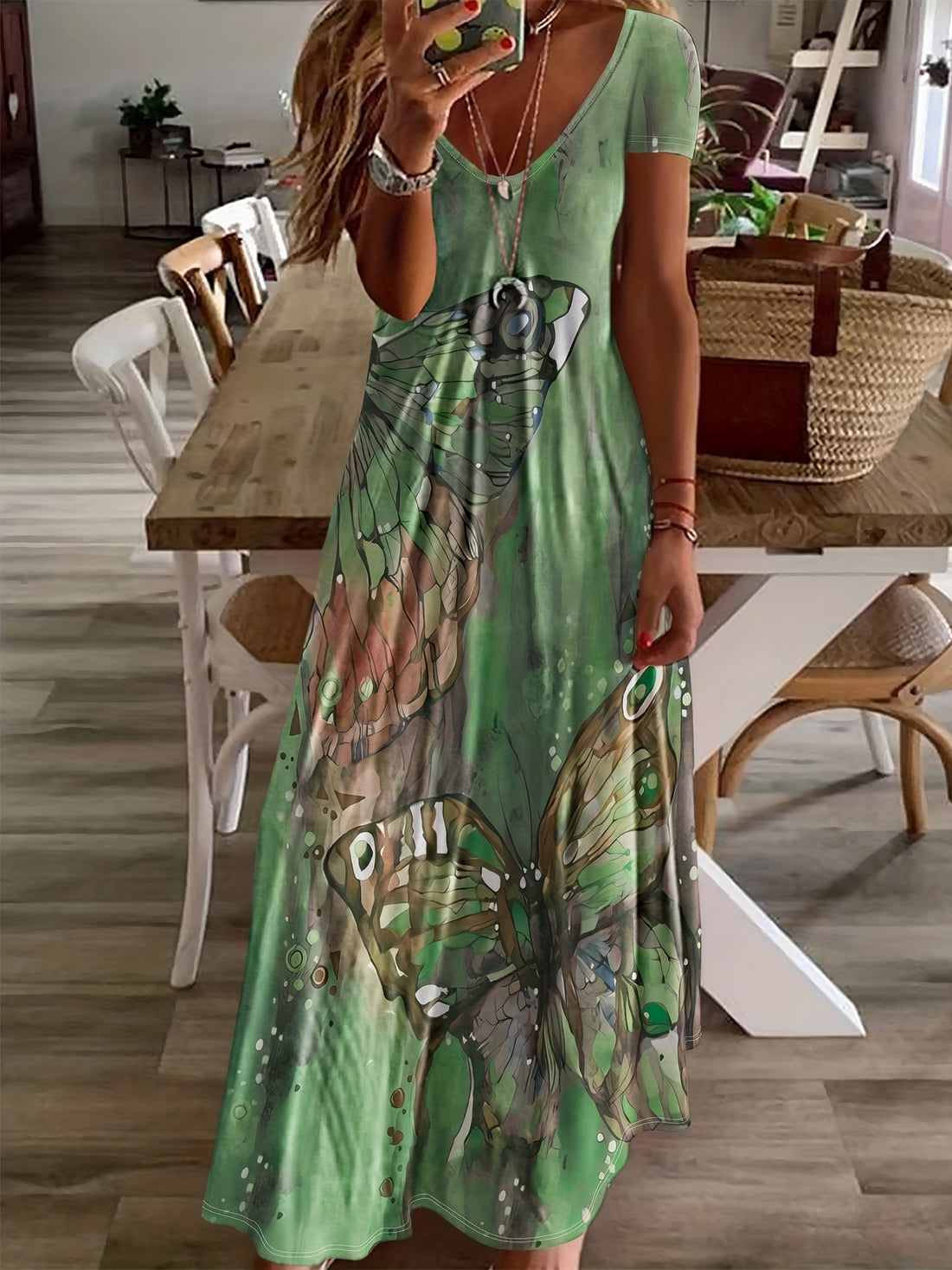 Women's Maxi Dress - Flowing A-Line Fit - Short Sleeve Scoop Neck - Butterfly Print Casual Wear