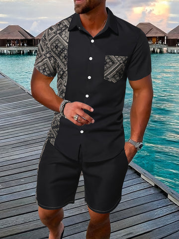 Ethnic print lapel shirt and short set for men