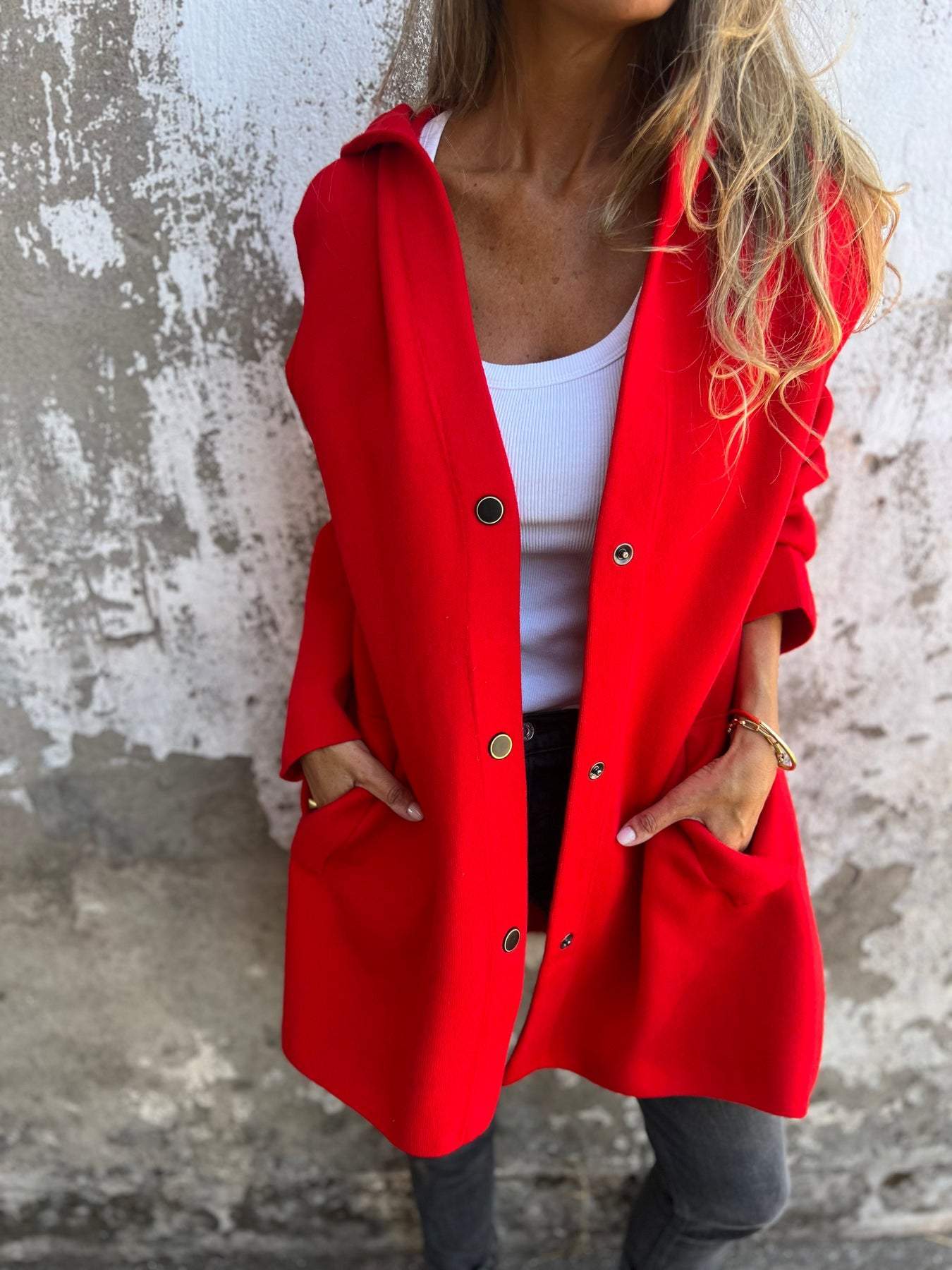 Women’s bold red snap-button coat