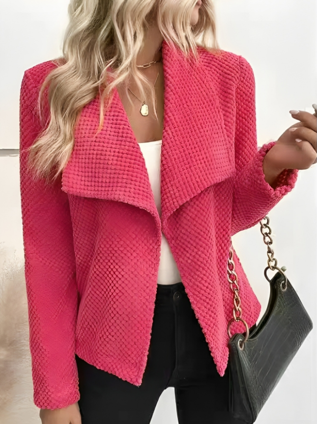 Women's pink textured waterfall blazer for cozy chic