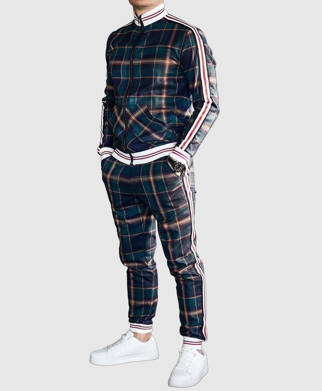 Men’s Plaid Tracksuit – Zip-Up Jacket & Jogger Pants – Tapered Fit – Ribbed Cuffs