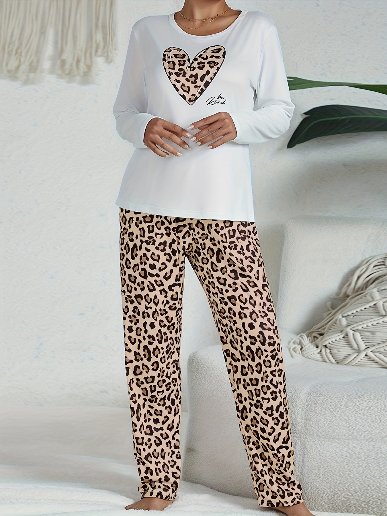 Heart print top pajama pants women sleepwear set