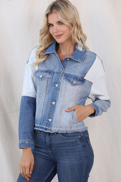 Harper - color block distressed button-up denim jacket