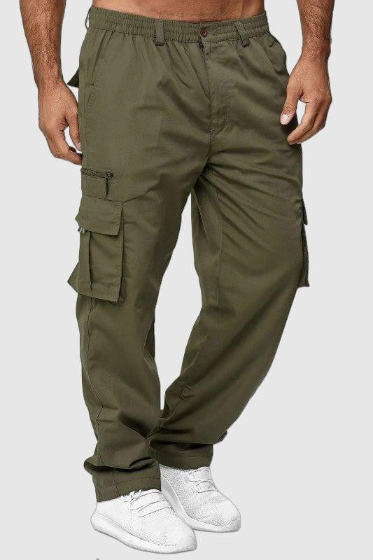 Men's casual pants with multi-pocket loose straight fit drawstring closure