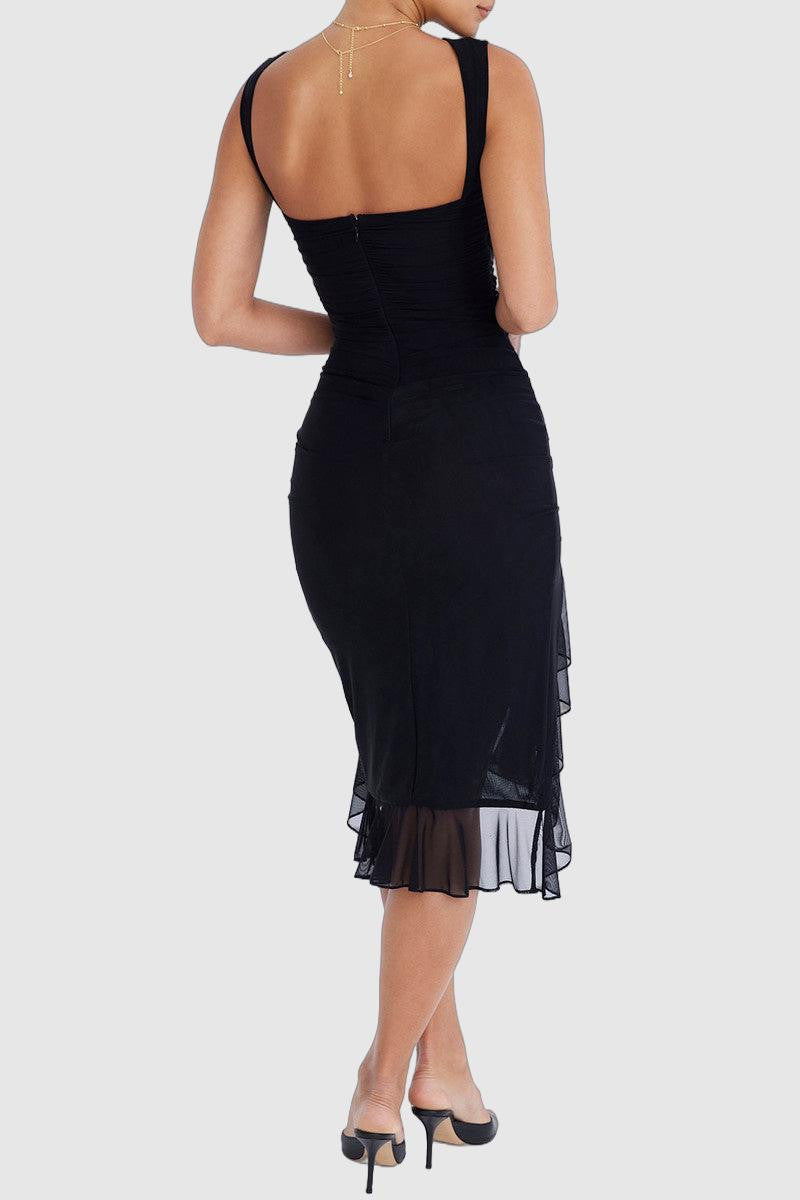 Women's Midi Dress - Sleeveless Fitted Silhouette - Sheer Ruffle Hem - Elegant Cocktail Wear