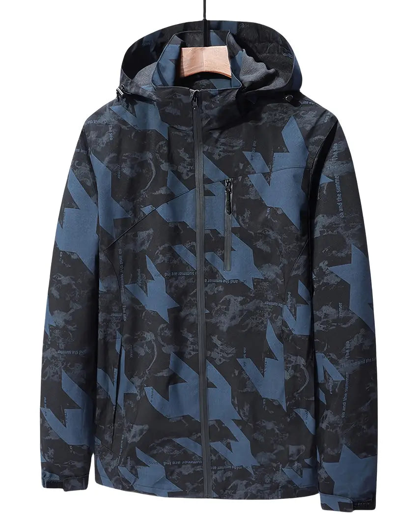 Men's hooded waterproof jacket with camouflage design