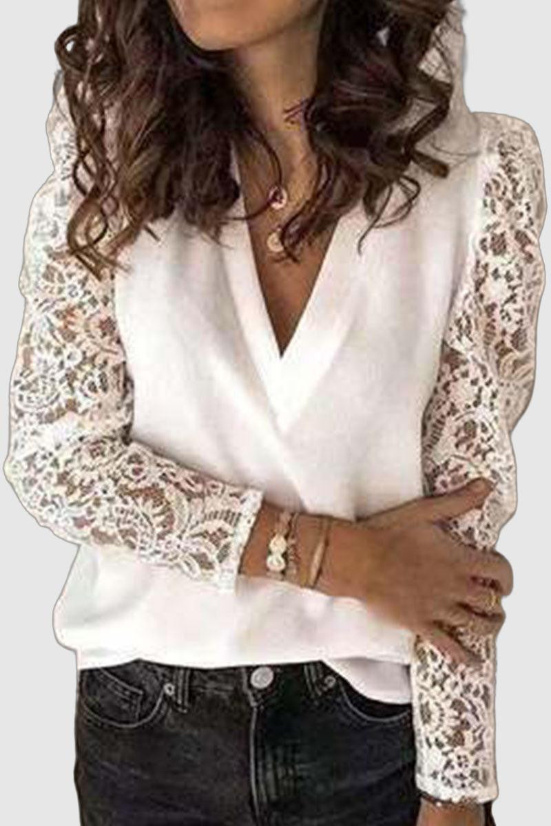 Lottie - slim fit splice lace long sleeve top with V-neck