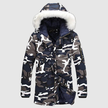 Men's military-style parka jacket with camo pattern