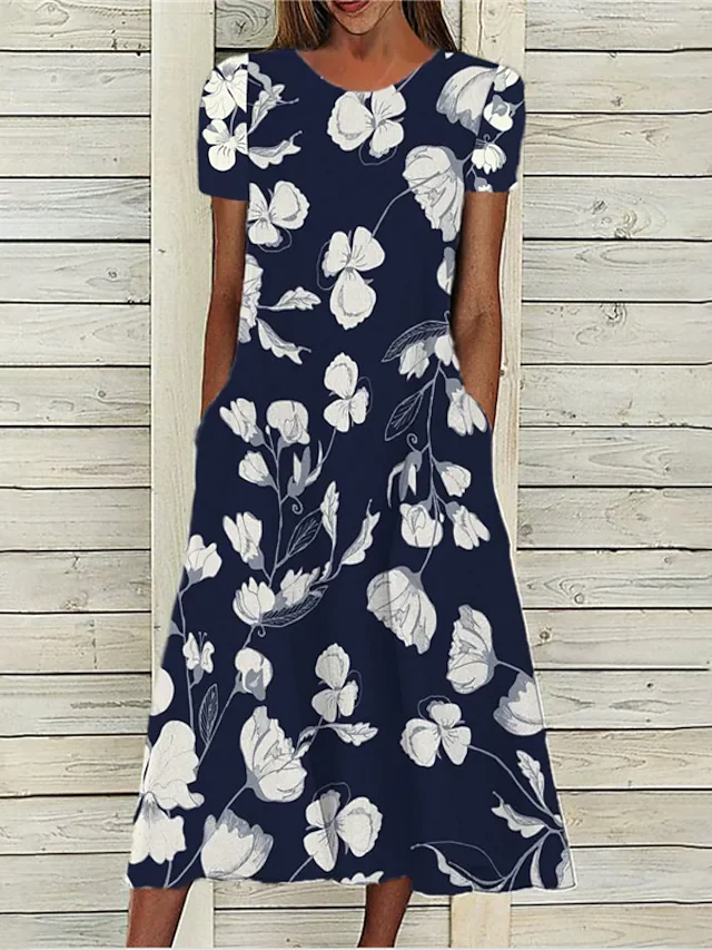 Chloe - navy floral printed short sleeves casual dress