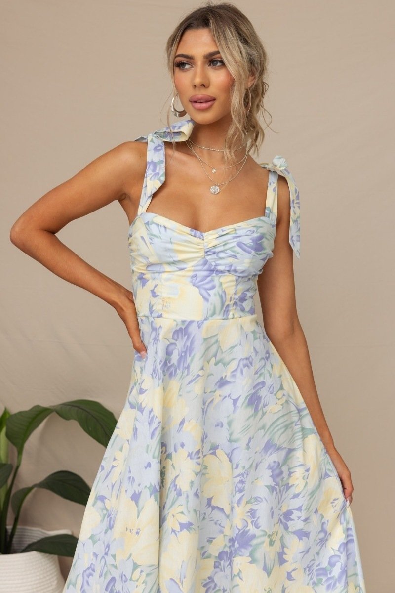 Women's Midi Dress - Sleeveless Tie Strap - Sweetheart Neckline - Floral A-Line Fit