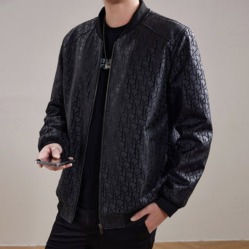 Textured faux leather bomber jacket for men