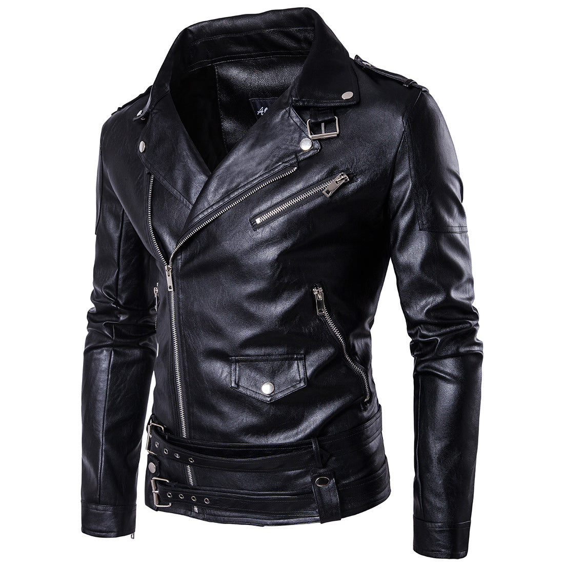 Men's leather motorcycle jacket with zipper closure and multi pockets