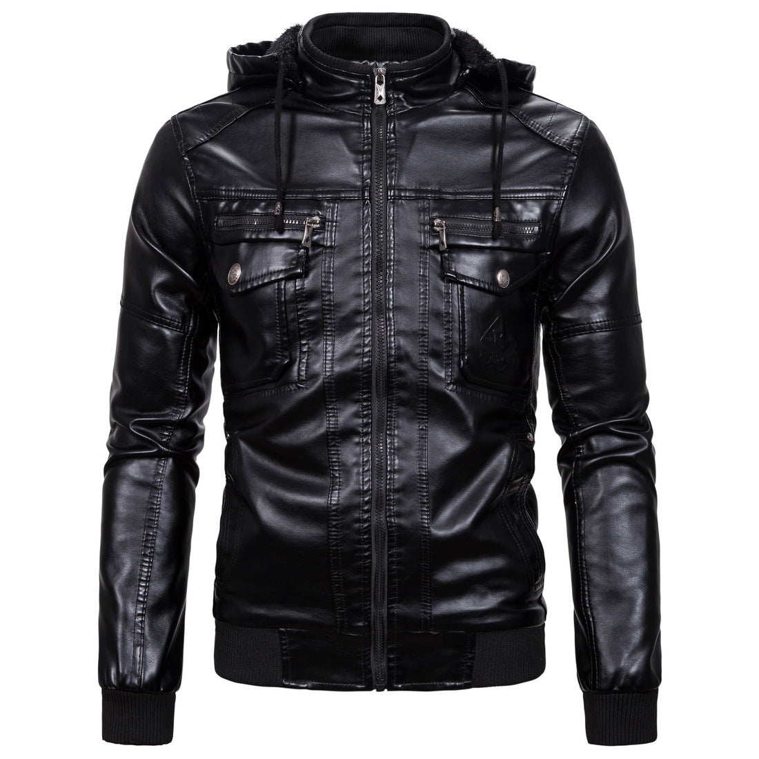 Men's faux leather hooded jacket