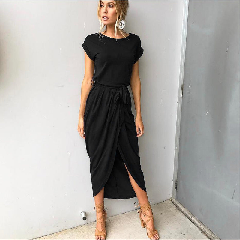 Women's Maxi Dress - Elegant Wrap Style - Short Sleeve - Side Split - Versatile Fashion